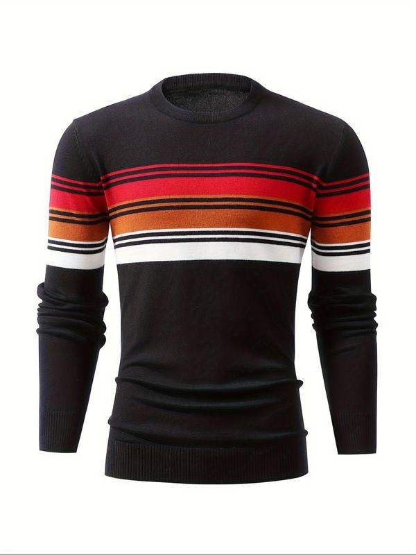 Men's Striped Print Round Neck Sweater, Regular Fit Casual Long Sleeve Crew Neck Jumper for Fall & Winter, Fashion Men's Knitwear for Daily Wear