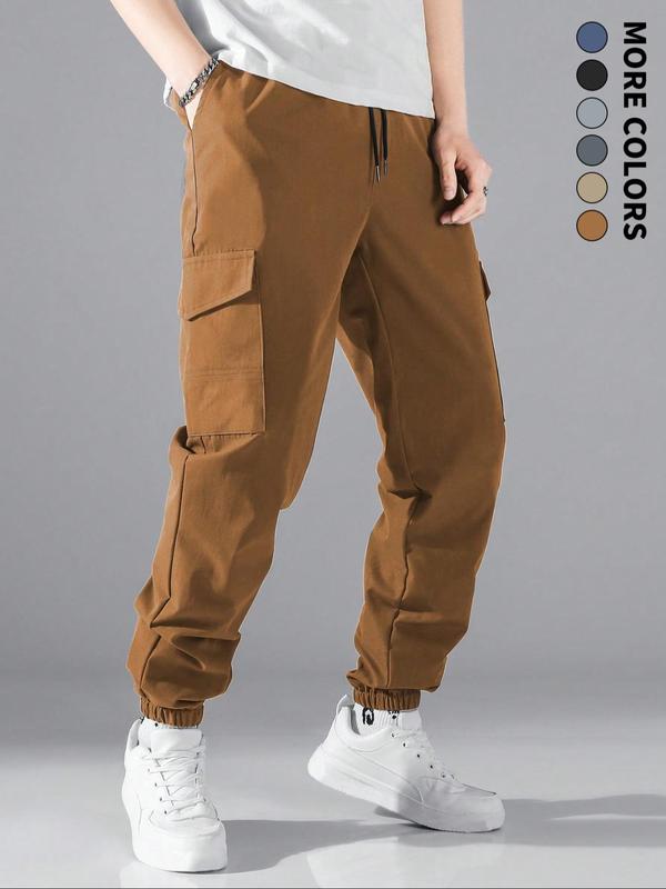 Men's Solid Flap Pocket Drawstring Waist Cargo Pants, Regular Fit Casual Street Fashion Trousers for Daily Wear, Pants for Men, Men's Bottoms for All Seasons