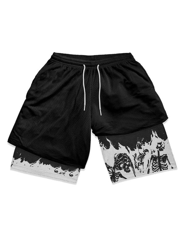 Summer Clothes Men's Back To School Punk Stylish Skeleton Print 2 in 1 Drawstring Waist Track Shorts, Summer Outfits, Mens Shorts, Mens Clothing, Shorts for Men, Casual Summer Shorts, Soft Men's Street Bottoms, Going Out Outfit, Plz Order A Size Up