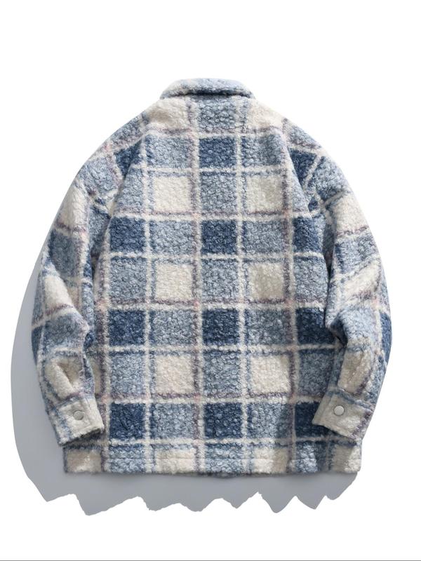 Men's Plaid Print Button Front Drop Shoulder Thickened Jacket, Loose Casual Pocket Long Sleeve Collared Fuzzy Jacket for Fall & Winter, Men's Clothes for Daily Wear