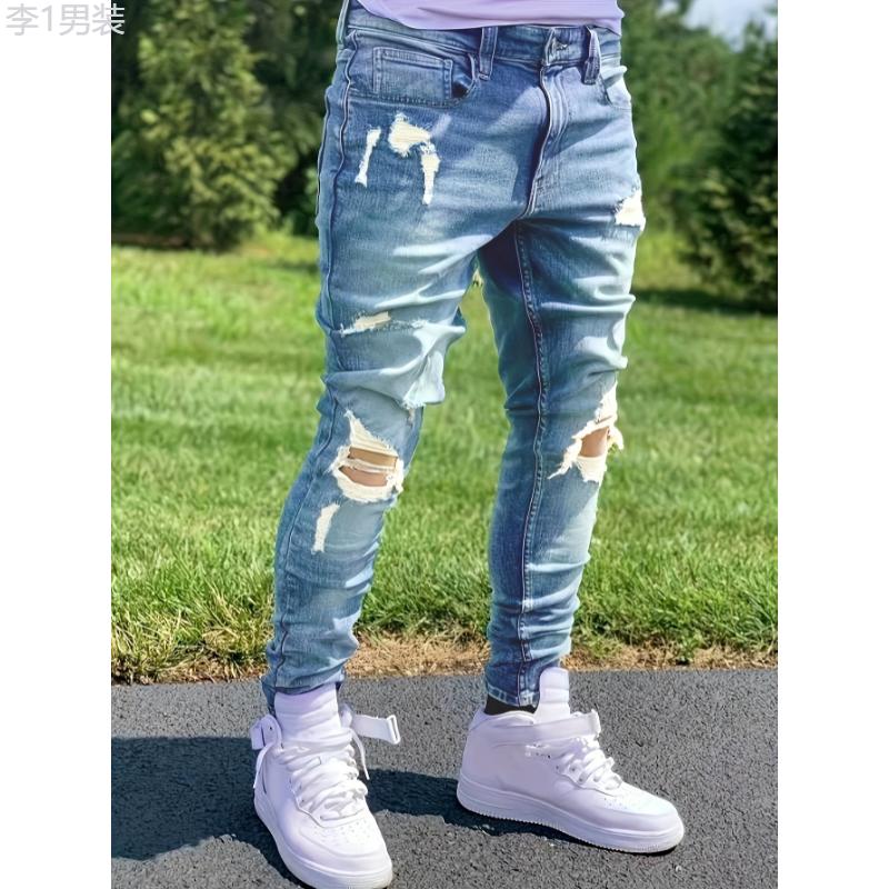 Premium Mens Ripped Jeans - Stretch Slim Fit, Fashionable Street Style, Comfortable Denim with Chic Rips for Urban Cool Look Menswear Underwear