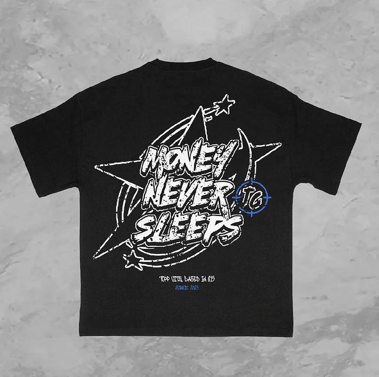 Vintage Money Never Sleeps Graphic 100% Cotton T-Shirt