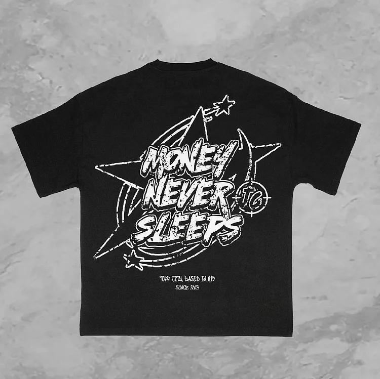 Vintage Money Never Sleeps Graphic 100% Cotton T-Shirt