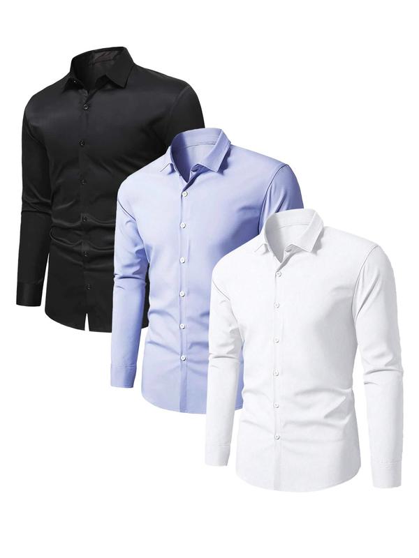 Men's Solid Long Sleeve Button Front Shirt, Casual Regular Fit Comfy Collared Top for Business Work Office, Men's Clothes for All Seasons