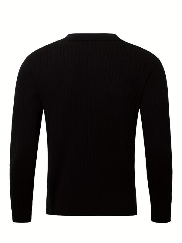 Men's Solid Color Ribbed Sweater Pullover, Slim Casual Long Sleeve Polo Top for Fall & Winter, Men's Clothes for Daily Wear