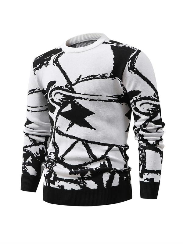 Men's All Over Print Round Neck Sweater, Casual Long Sleeve Crew Neck Jumper for Fall & Winter, Fashion Men's Knitwear for Daily Wear