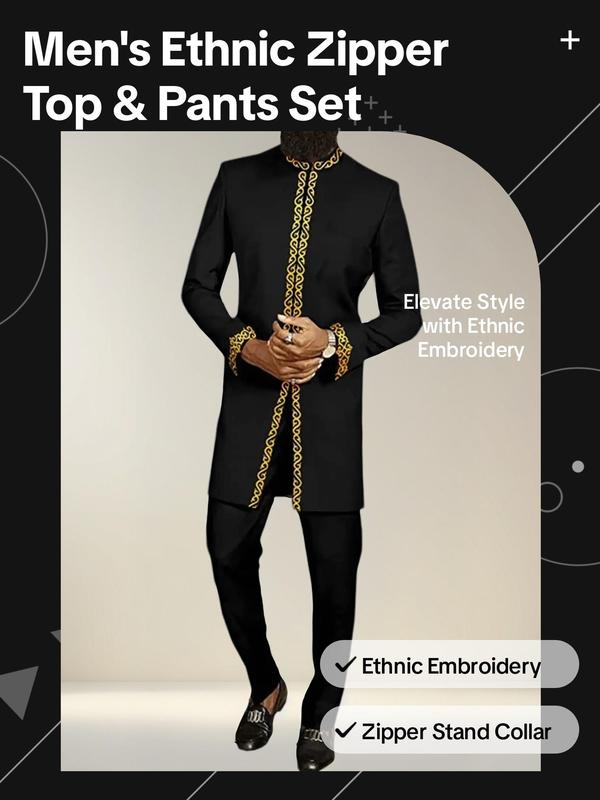 Men's Ethnic Pattern Embroidery Zipper Stand Collar Top & Pants Set, Traditional Long Sleeve Split Hem Top & Pants Set, Two-piece Outfits for Men 80s Fashion, Going Out Outfits