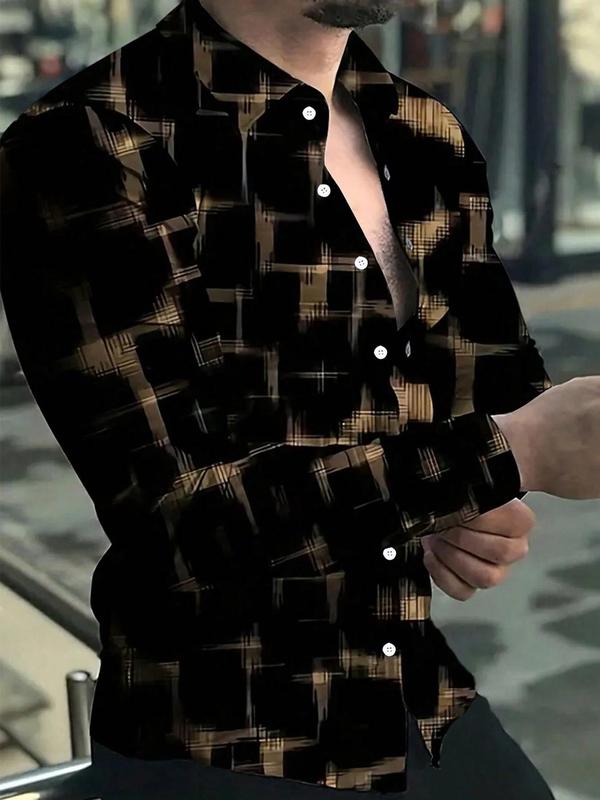 Men's All Over Print Button Front Shirt, Casual Regular Fit Long Sleeve Collared Top for Daily Wear, Fashion Men's Clothes for All Seasons