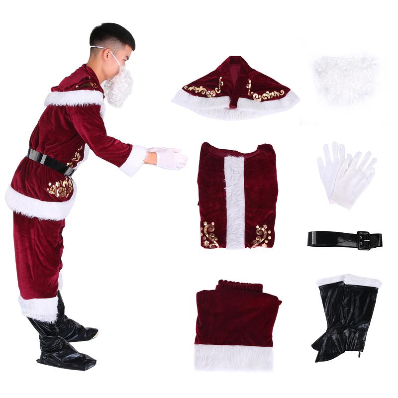 Santa Claus Costume Set, Hat+Shawl+Top Shirt +Loose Pants+Shoes+Gloves+Waist Belt, Deluxe Velvet Adult Kids Santa Suit