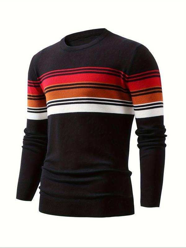 Men's Striped Print Round Neck Sweater, Regular Fit Casual Long Sleeve Crew Neck Jumper for Fall & Winter, Fashion Men's Knitwear for Daily Wear