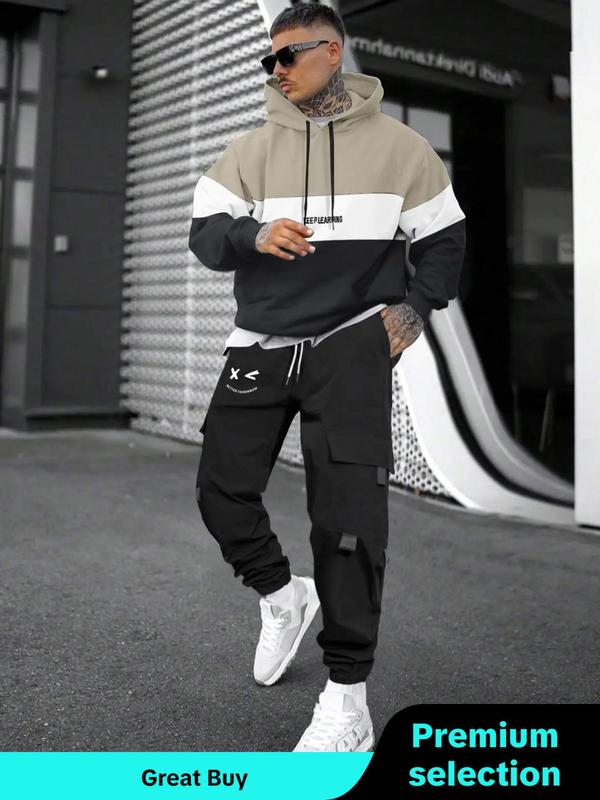 Two-piece Set Men's Colorblock Drop Shoulder Long Sleeve Hoodie & Drawstring Waist Cargo Pants Set, Casual Hooded Sweatshirt & Pocket Pants for Daily Formal Wear,  Men 2 Piece Pants Sets, Men Two-piece Outfits for Fall, College Outfits Fall