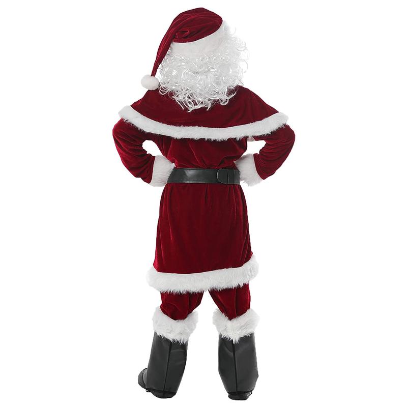 Santa Claus Costume Set, Hat+Shawl+Top Shirt +Loose Pants+Shoes+Gloves+Waist Belt, Deluxe Velvet Adult Kids Santa Suit