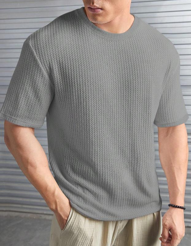 Men Casual Solid Letter Patched Waffle Knit Tee Fabric Menswear Knitwear Stylish Tops