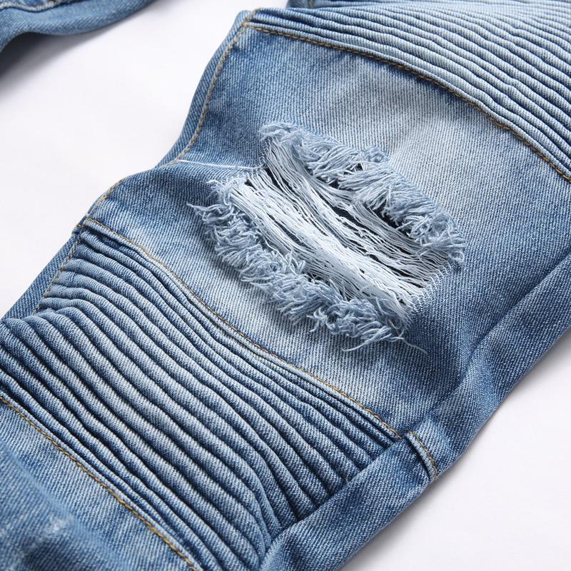 Men Crystal Holes Ripped Patchwork Jeans Streetwear Blue Denim Slim Skinny Pencil Pants Trousers