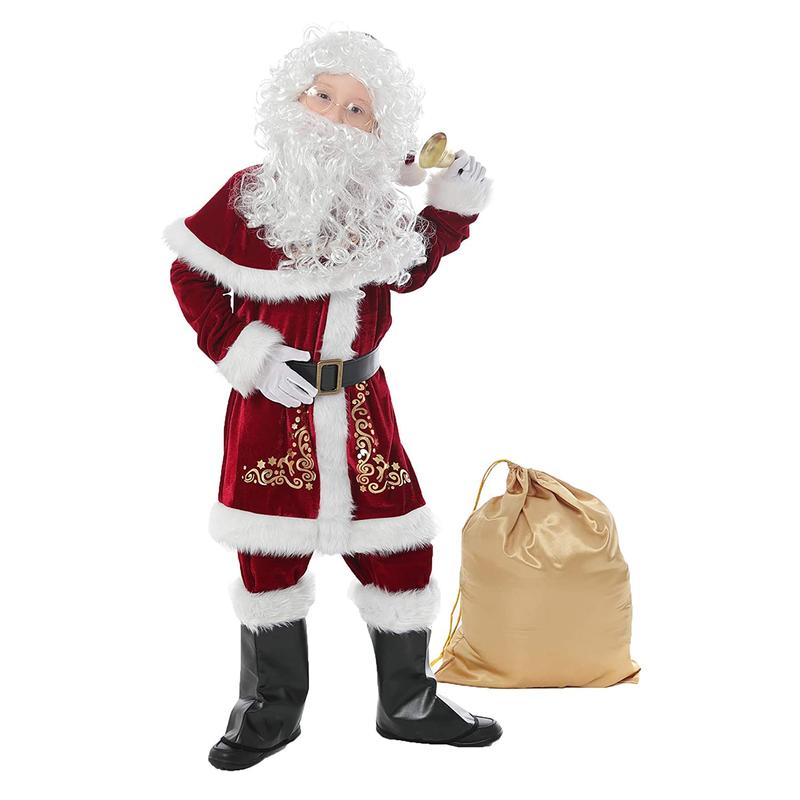 Santa Claus Costume Set, Hat+Shawl+Top Shirt +Loose Pants+Shoes+Gloves+Waist Belt, Deluxe Velvet Adult Kids Santa Suit