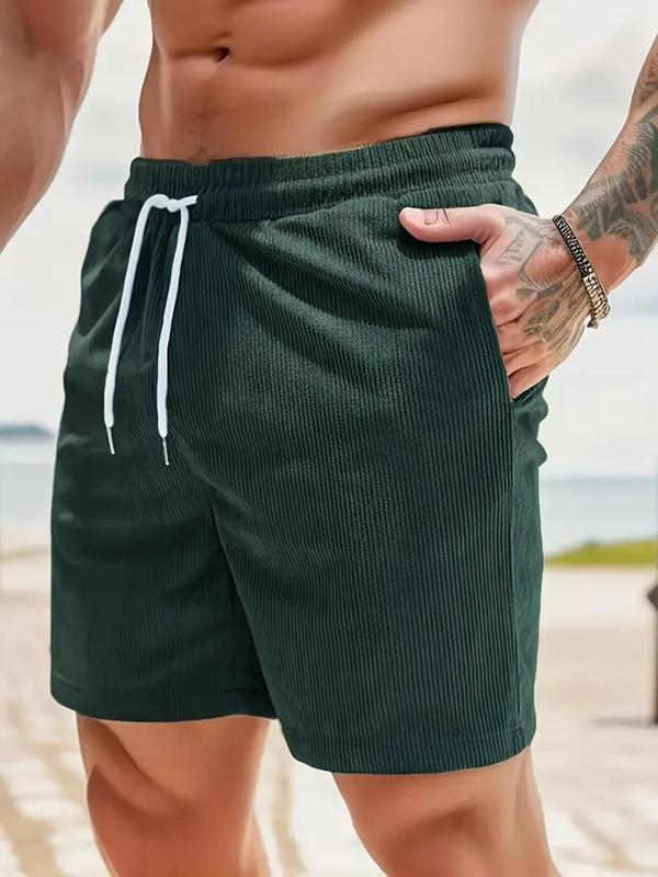 Men's Solid Drawstring Waist Shorts, Casual Pocket Corduroy Shorts for Daily Outdoor Wear, Men's Regular Fit Bottoms for All Seasons