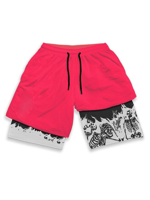 Summer Clothes Men's Back To School Punk Stylish Skeleton Print 2 in 1 Drawstring Waist Track Shorts, Summer Outfits, Mens Shorts, Mens Clothing, Shorts for Men, Casual Summer Shorts, Soft Men's Street Bottoms, Going Out Outfit, Plz Order A Size Up