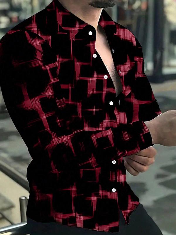 Men's All Over Print Button Front Shirt, Casual Regular Fit Long Sleeve Collared Top for Daily Wear, Fashion Men's Clothes for All Seasons