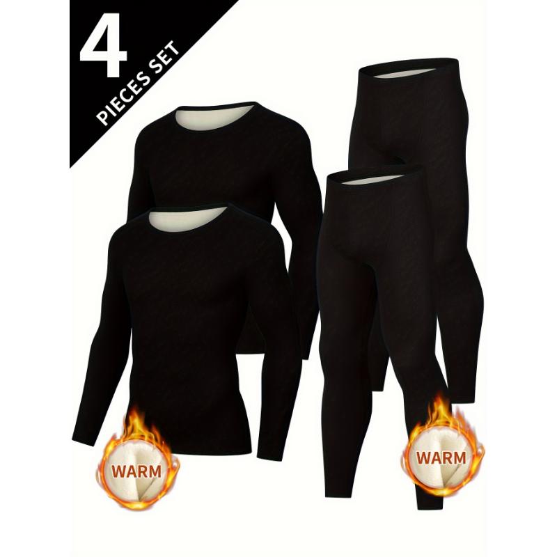 4pcs Men'S Thermal Underwear Set - Polyester Knit Base Layer with Long Sleeve Crew Neck Shirt and Pants for Autumn Winter - Solid Color, Regular Fit, Stretch Fabric