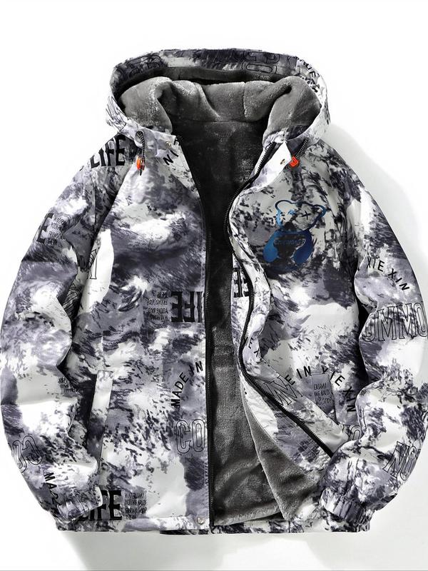 Men's Cartoon Bear & Letter Print Zip Up Hooded Reversible Jacket, Regular Fit Casual Long Sleeve Pocket Design Outerwear for Fall & Winter, Men's Winter Jacket for Daily Wear