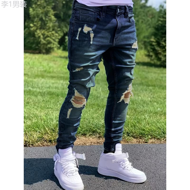 Premium Mens Ripped Jeans - Stretch Slim Fit, Fashionable Street Style, Comfortable Denim with Chic Rips for Urban Cool Look Menswear Underwear