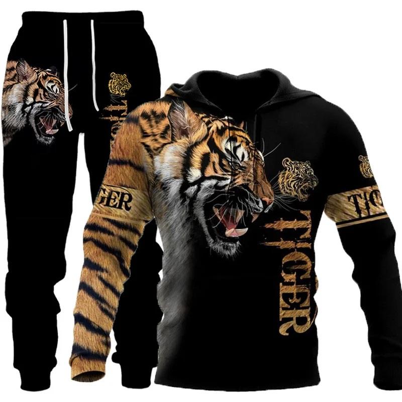 New Animal 3D Tiger Printed Hoodie + Pants Suit Cool Men Women 2 Pcs Sportwear Tracksuit Set Autumn And Winter Men's Clothing