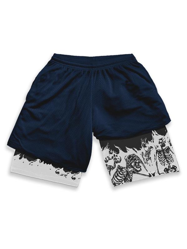 Summer Clothes Men's Back To School Punk Stylish Skeleton Print 2 in 1 Drawstring Waist Track Shorts, Summer Outfits, Mens Shorts, Mens Clothing, Shorts for Men, Casual Summer Shorts, Soft Men's Street Bottoms, Going Out Outfit, Plz Order A Size Up