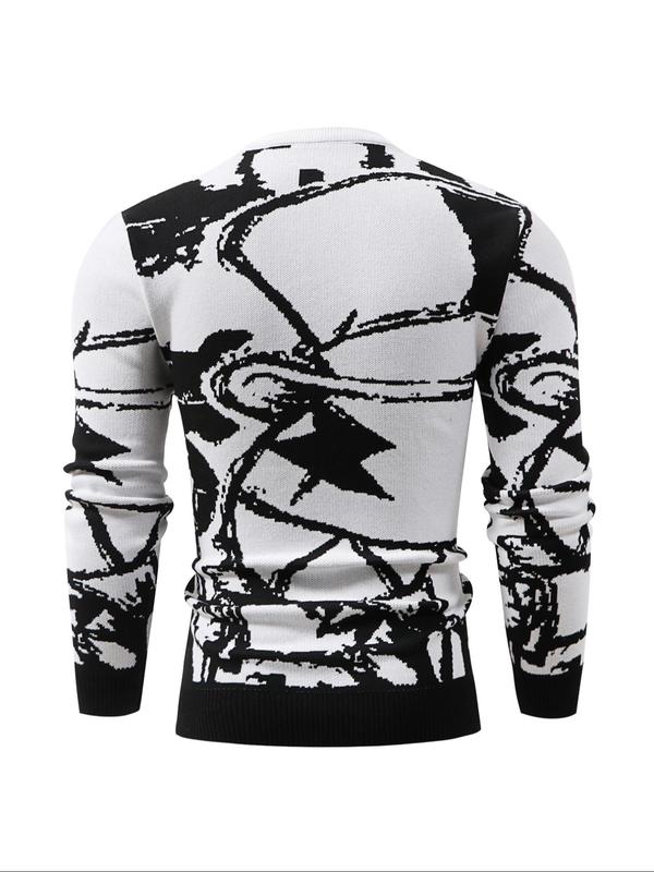 Men's All Over Print Round Neck Sweater, Casual Long Sleeve Crew Neck Jumper for Fall & Winter, Fashion Men's Knitwear for Daily Wear