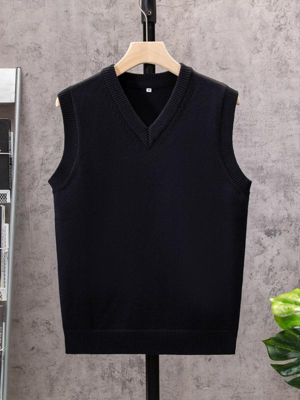 Men's Solid V Neck Sweater Vest, Regular Fit Casual Comfy Sleeveless Knit Top for Spring & Fall, Men's Knitwear for Daily Wear