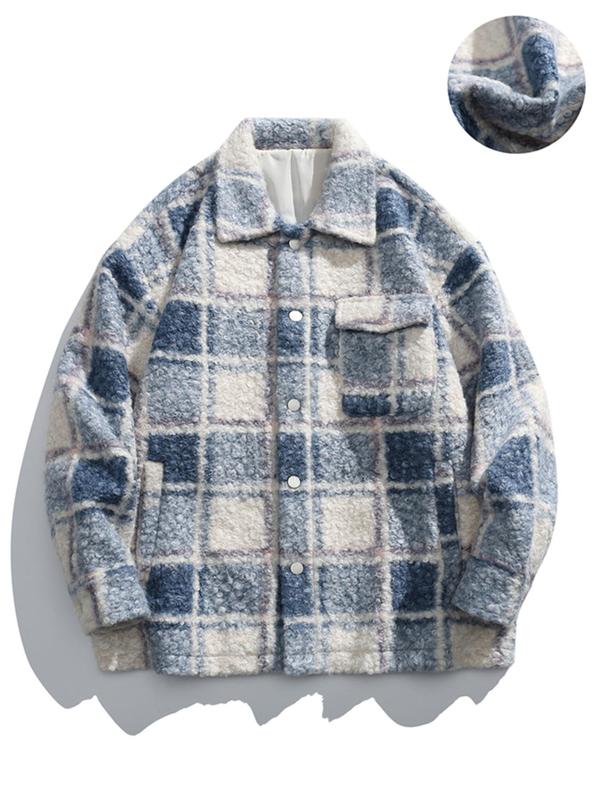 Men's Plaid Print Button Front Drop Shoulder Thickened Jacket, Loose Casual Pocket Long Sleeve Collared Fuzzy Jacket for Fall & Winter, Men's Clothes for Daily Wear