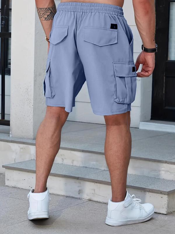 Men's Plus Size Patched Drawstring Cargo Shorts, Casual Regular Fit Pocket Elastic Waist Shorts, Summer Outfits 2024, Shorts for Men, Men's Plus Size Streetwear Bottoms, Mens Clothing