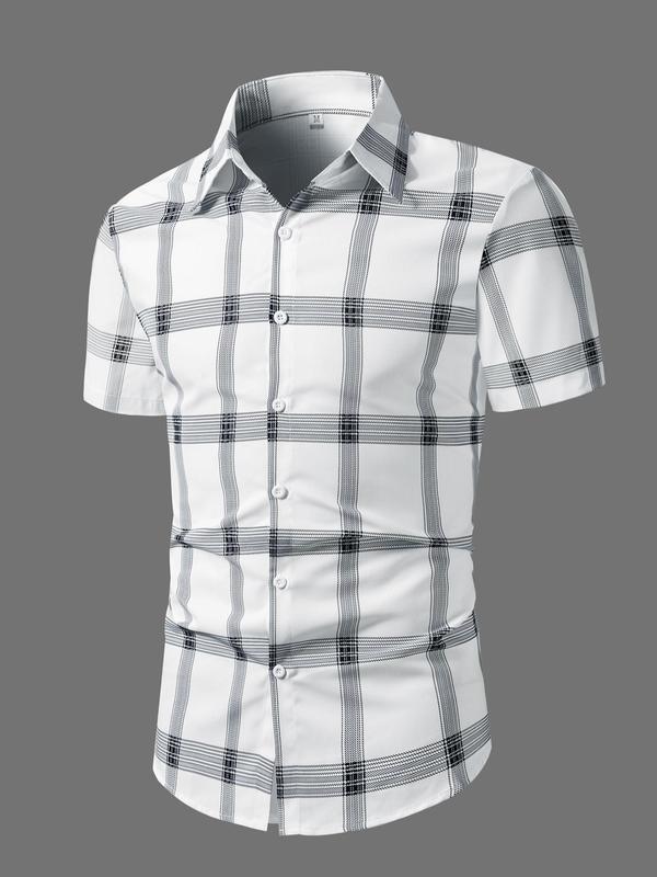 Men's Regular Fit Plaid Print Button Front Shirt, Casual Short Sleeve Collared Top for Summer, Business Work Men's Clothes for Daily Wear