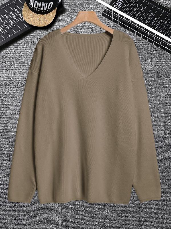 Men's Solid Color Drop Shoulder V Neck Sweater, Regular Fit Casual Long Sleeve Jumper for Spring & Fall, Fashion Men's Knitwear for Daily Wear