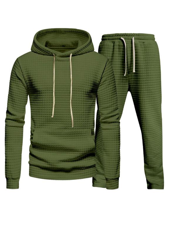 Men's Solid Long Sleeve Hoodie & Drawstring Waist Pants Two-piece Set, Casual Regular Fit Hooded Sweatshirt & Pocket Trousers, Men's Two-piece Outfits for Fall & Winter