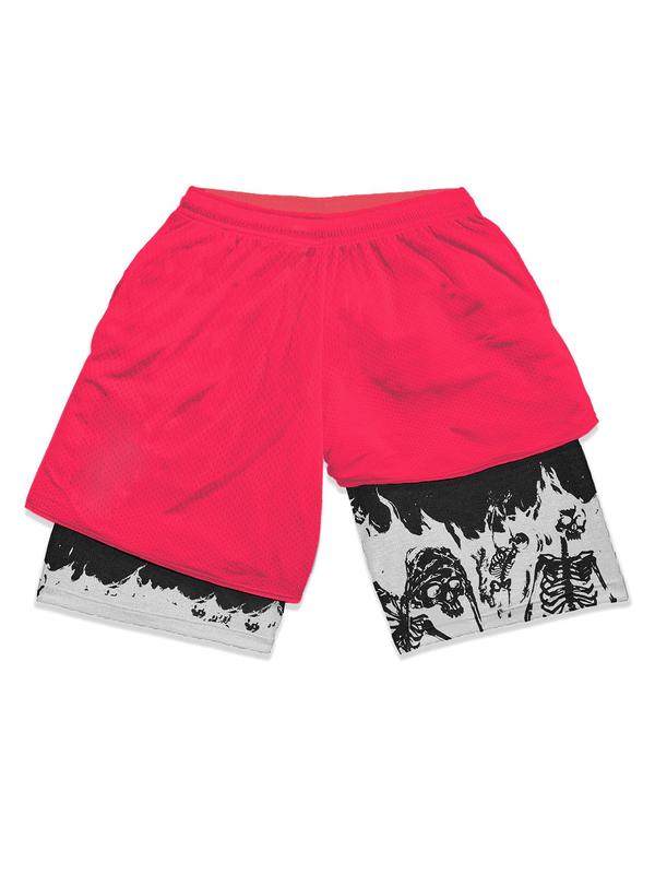 Summer Clothes Men's Back To School Punk Stylish Skeleton Print 2 in 1 Drawstring Waist Track Shorts, Summer Outfits, Mens Shorts, Mens Clothing, Shorts for Men, Casual Summer Shorts, Soft Men's Street Bottoms, Going Out Outfit, Plz Order A Size Up