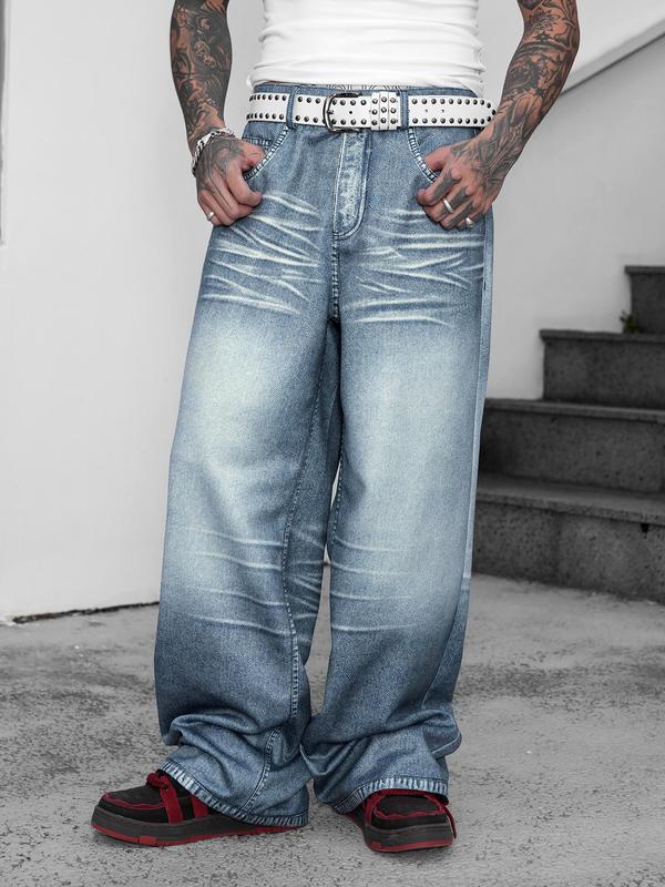 Men's Vintage Print Straight Leg Jeans, Loose Casual Comfy Denim Pants for Daily Wear, Streetwear Men's Trousers for All Seasons