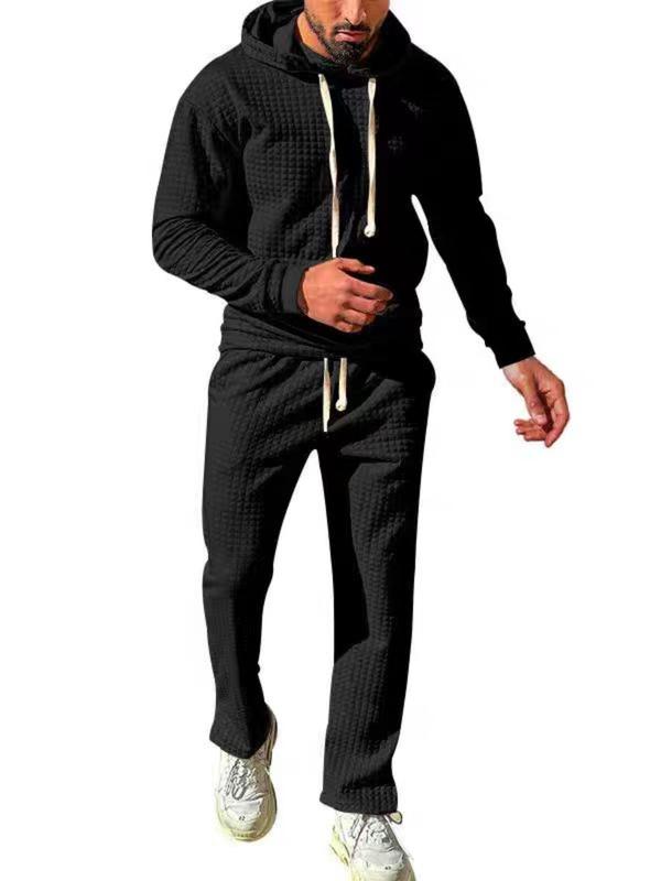 Men's Solid Long Sleeve Hoodie & Drawstring Waist Pants Two-piece Set, Casual Regular Fit Hooded Sweatshirt & Pocket Trousers, Men's Two-piece Outfits for Fall & Winter