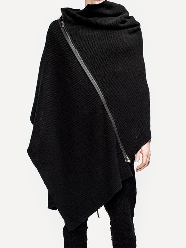 Men's Solid Color Zipper Turtleneck Cloak Coat, Loose Casual Asymmetrical Design Trench for Fall & Winter, Men's Clothes for Daily Wear