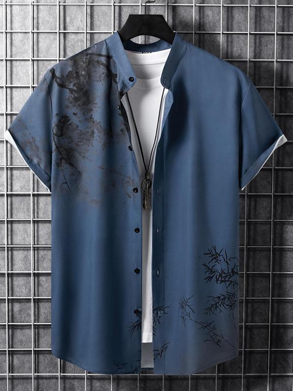 Men's Regular Fit Thin Bamboo Print Button Front Shirt Without Tee, Summer Clothes, Ink Painting Print Stand Collar Shirt, Short Sleeve Top for Men, Men Streetwear Clothes Clothing for Summer