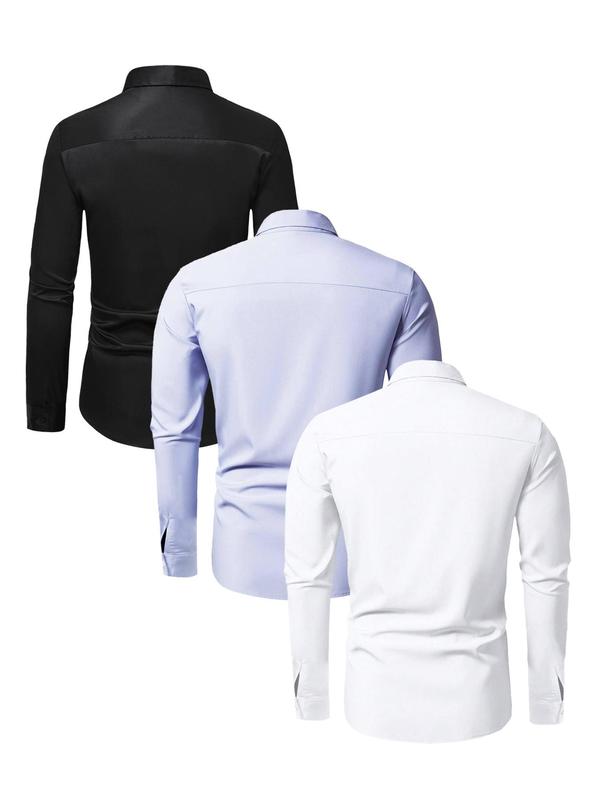 Men's Solid Long Sleeve Button Front Shirt, Casual Regular Fit Comfy Collared Top for Business Work Office, Men's Clothes for All Seasons