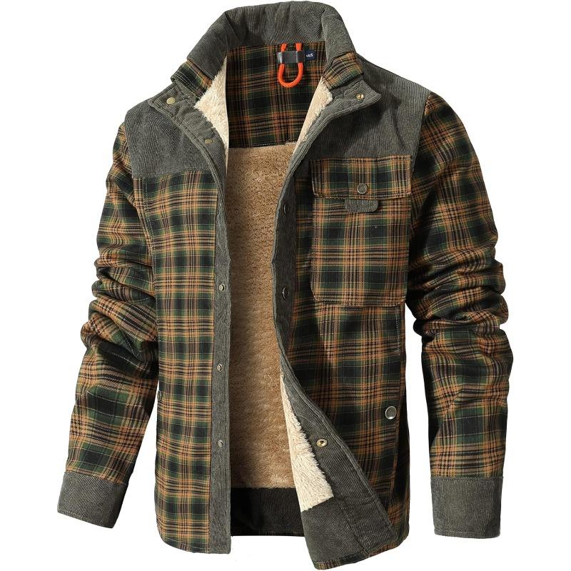 Men's Corduroy Plaid Sherpa Lined Flannel Shirt Jacket Fleece Coat Menswear Tops Long Sleeve Casual