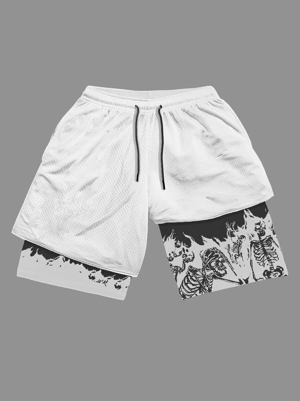 Summer Clothes Men's Back To School Punk Stylish Skeleton Print 2 in 1 Drawstring Waist Track Shorts, Summer Outfits, Mens Shorts, Mens Clothing, Shorts for Men, Casual Summer Shorts, Soft Men's Street Bottoms, Going Out Outfit, Plz Order A Size Up