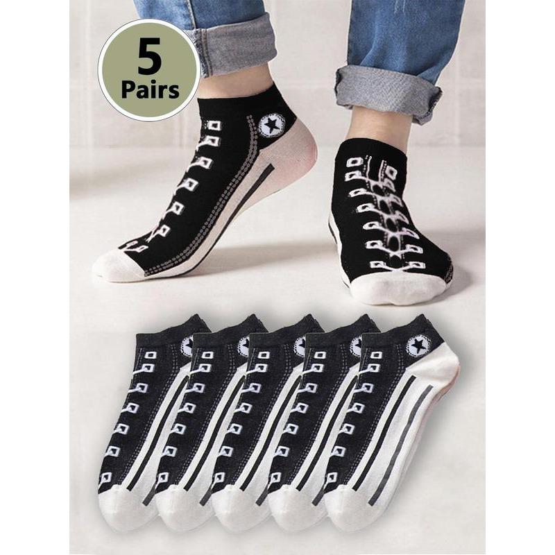 Men's Graphic Ankle Socks, Casual Comfy Breathable Socks for Daily Wear, 5 Pairs Knit Crew Socks for Men, Summer Men's Socks & Hosiery, Summer Wear 2024, Fall Wear, Fallfreshness