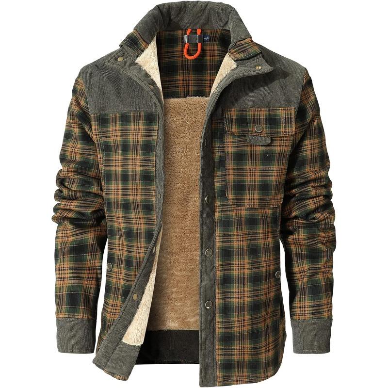 Men's Corduroy Plaid Sherpa Lined Flannel Shirt Jacket Fleece Coat Menswear Tops Long Sleeve Casual