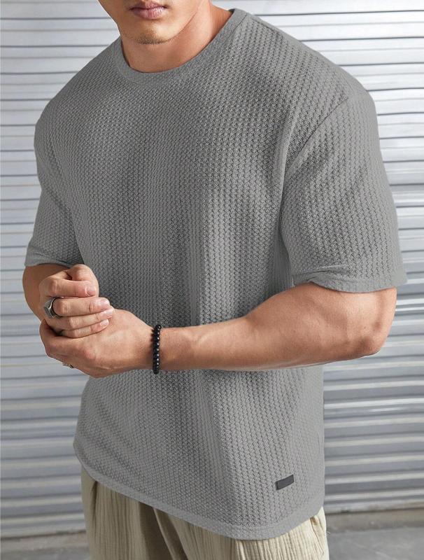 Men Casual Solid Letter Patched Waffle Knit Tee Fabric Menswear Knitwear Stylish Tops