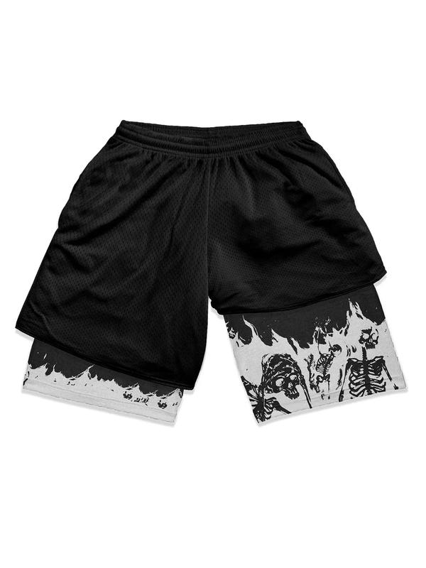 Summer Clothes Men's Back To School Punk Stylish Skeleton Print 2 in 1 Drawstring Waist Track Shorts, Summer Outfits, Mens Shorts, Mens Clothing, Shorts for Men, Casual Summer Shorts, Soft Men's Street Bottoms, Going Out Outfit, Plz Order A Size Up