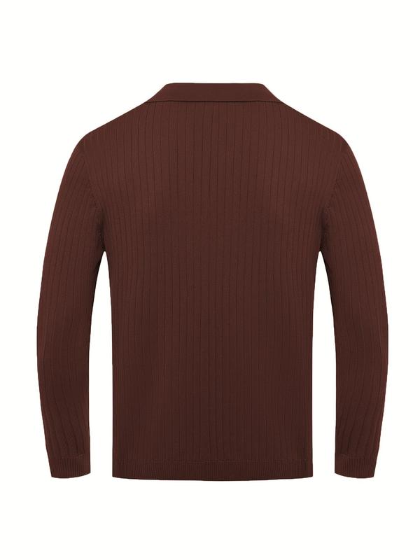 Men's Solid Color Ribbed Sweater Pullover, Slim Casual Long Sleeve Polo Top for Fall & Winter, Men's Clothes for Daily Wear