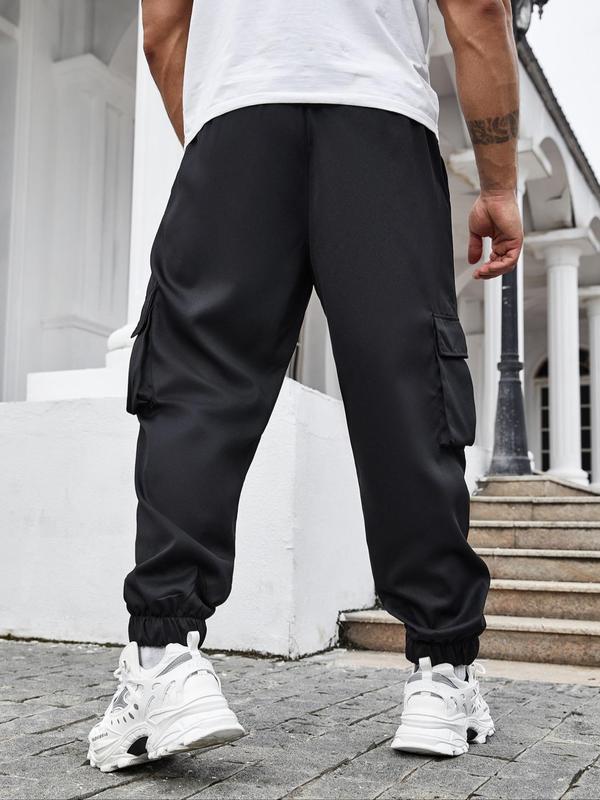 Men's Plus Size Regular Fit Solid Patched Drawstring Waist Cargo Pants, Casual Flap Pocket Elastic Waist Trousers, Men's Bottoms for All Seasons