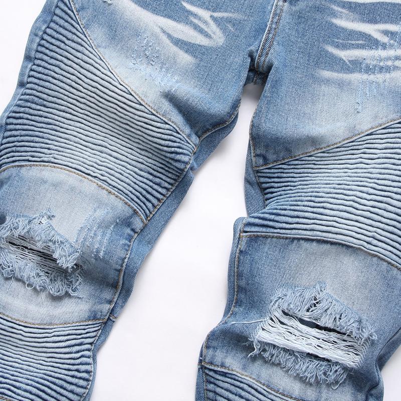 Men Crystal Holes Ripped Patchwork Jeans Streetwear Blue Denim Slim Skinny Pencil Pants Trousers