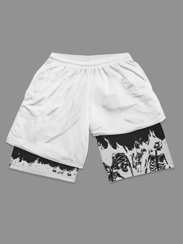 Summer Clothes Men's Back To School Punk Stylish Skeleton Print 2 in 1 Drawstring Waist Track Shorts, Summer Outfits, Mens Shorts, Mens Clothing, Shorts for Men, Casual Summer Shorts, Soft Men's Street Bottoms, Going Out Outfit, Plz Order A Size Up